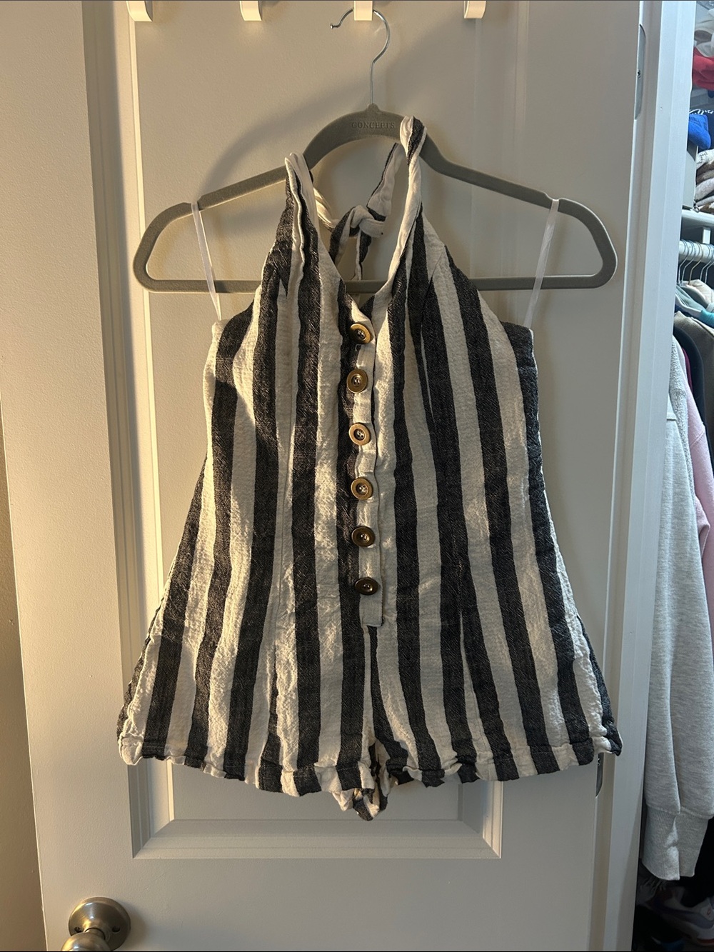 Striped Halter Button Romper in Black & White